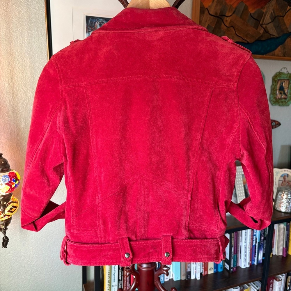BLANKNYC Red Suede Cropped Moto Jacket Leather Biker Belted Size S - Picture 16 of 16